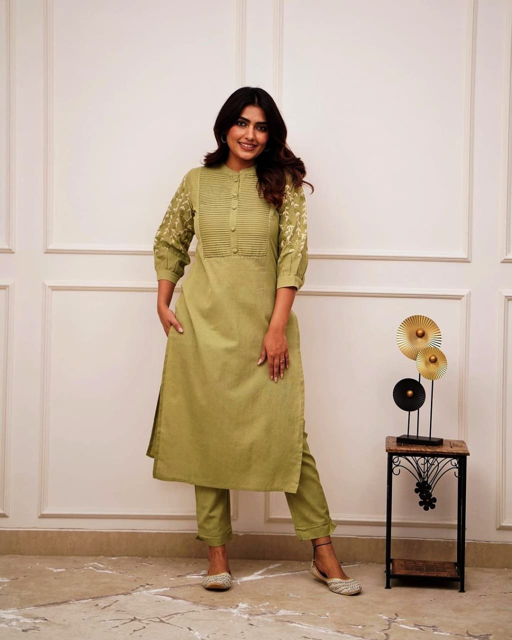 Green Kurti Pant Set with Embroidery & Pintex Detailing